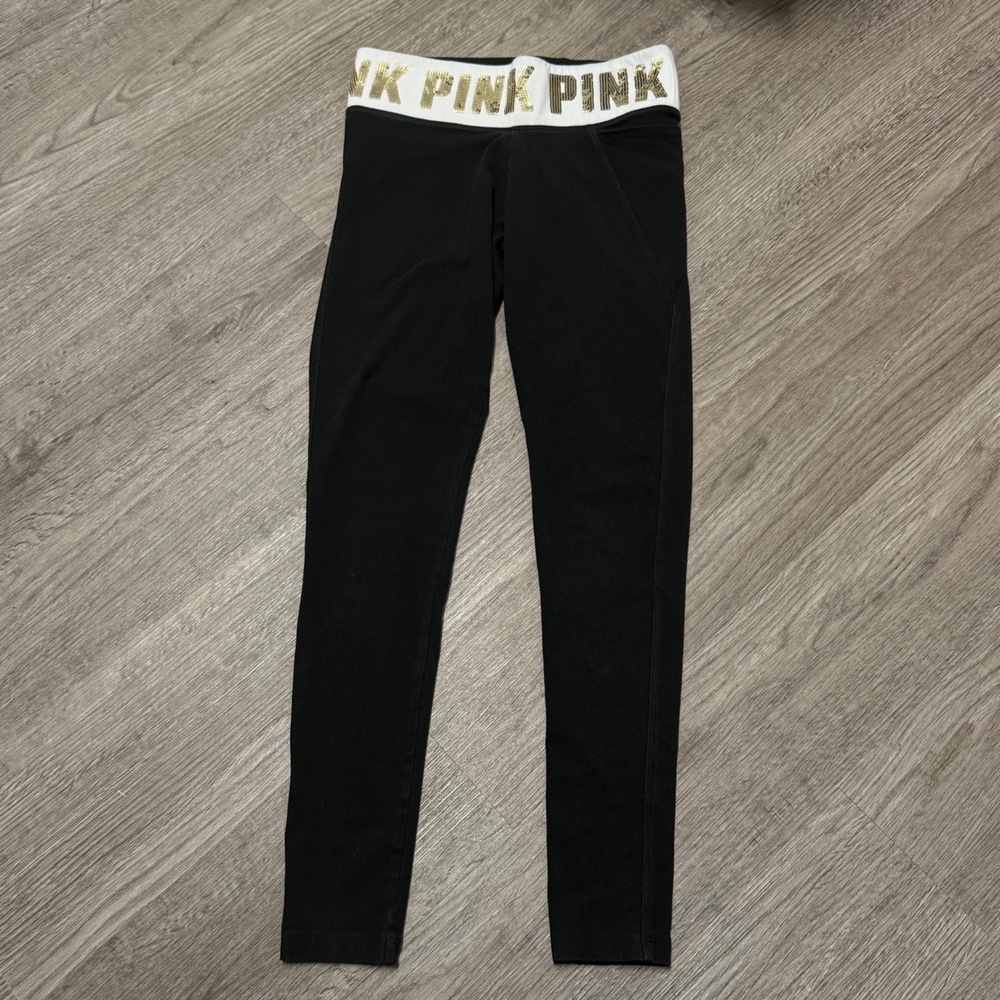 Pink‎ Victoria's Secret Yoga Leggings Black Gold Sequin Logo Waist Small - Picture 2 of 8